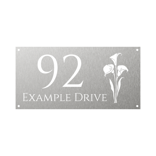 Rectangular metal steel house number with arum lily flower