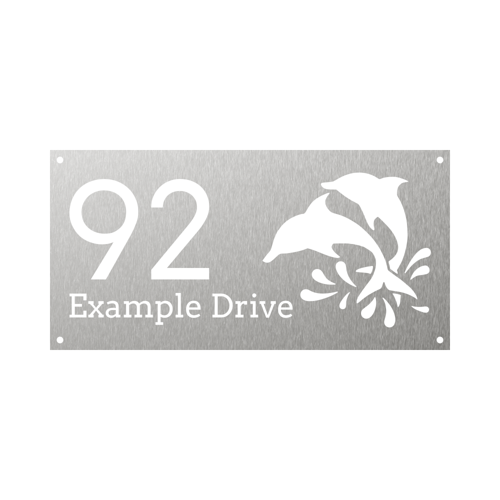 Rectangular metal steel house number with dolphins and water splashes