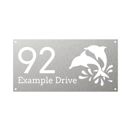 Rectangular metal steel house number with dolphins and water splashes