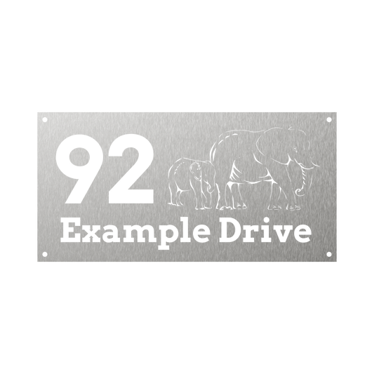 Rectangular house number with elephant and calf line art