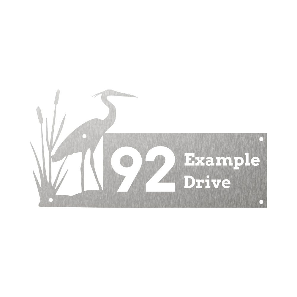 Custom house number with heron bird and reeds silhouette protruding from the left side