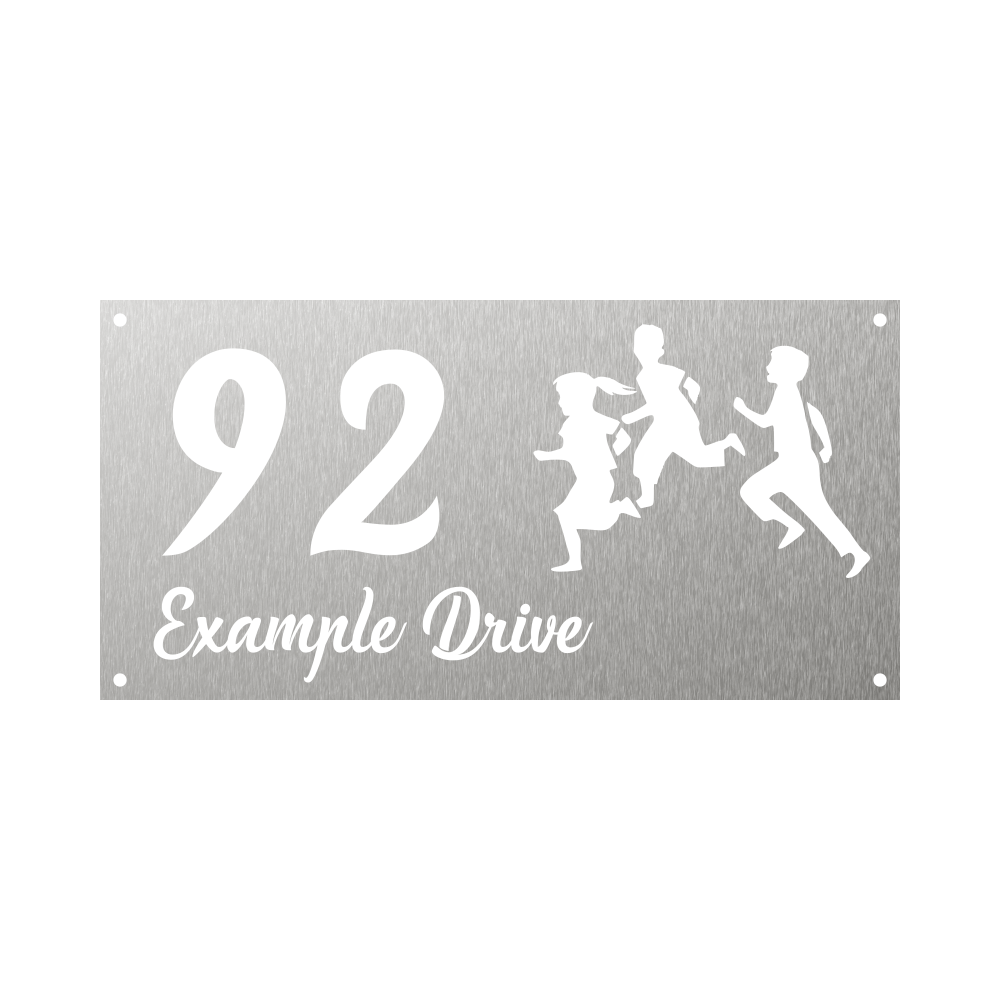 Rectangular metal steel house number with kids playing and running