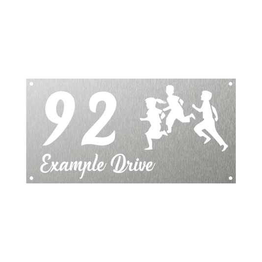 Rectangular metal steel house number with kids playing and running