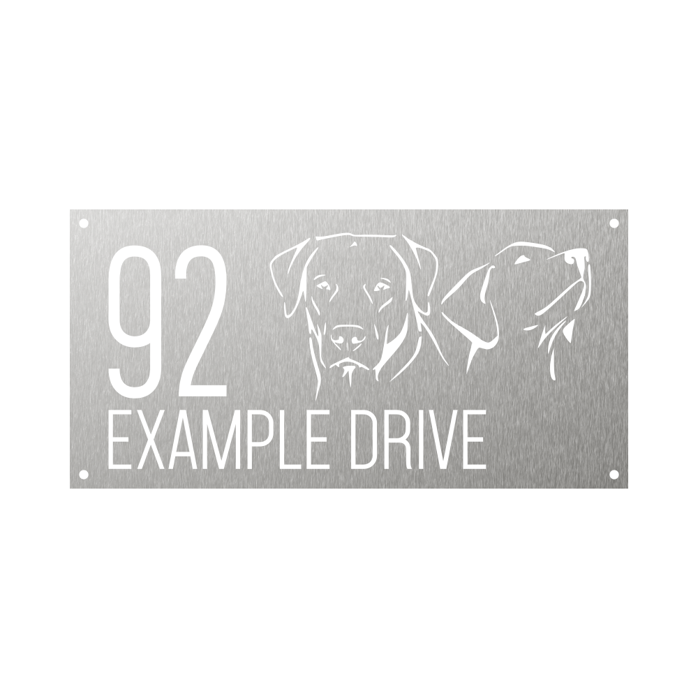 Rectangular steel metal house number with two labrador dogs