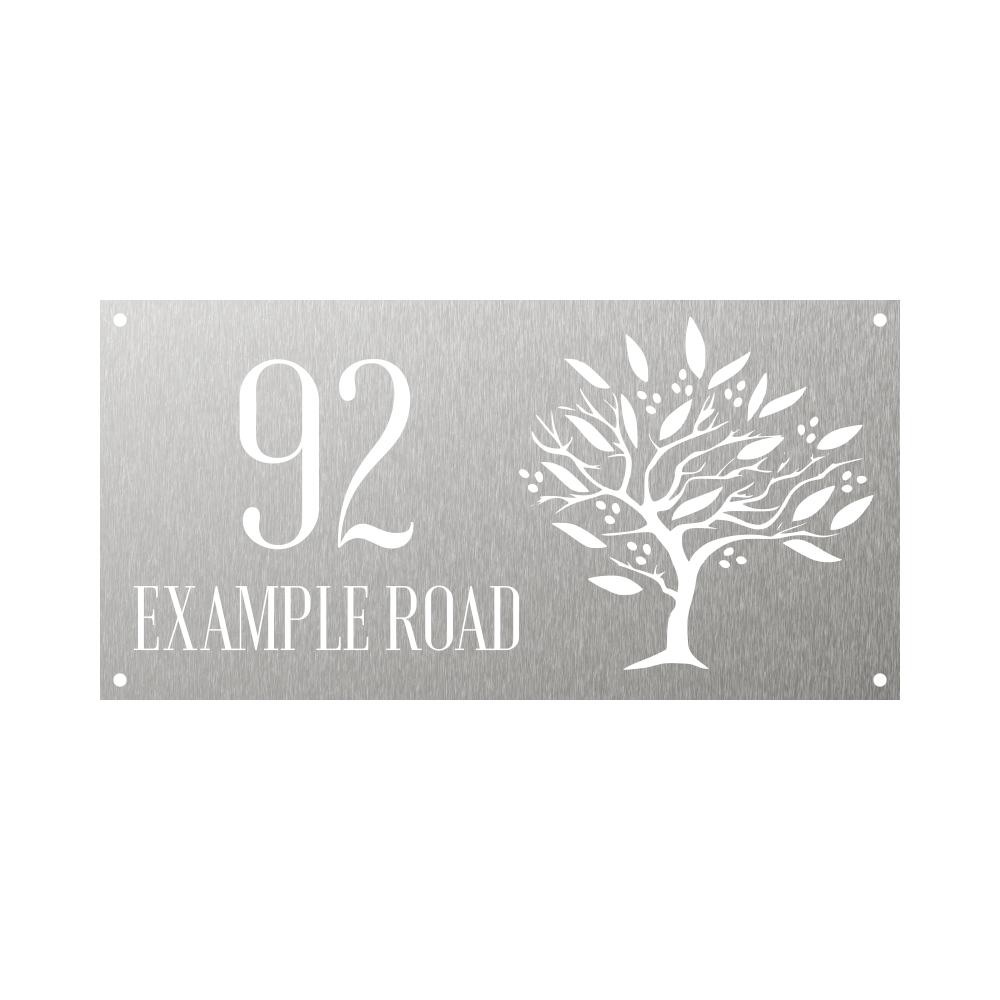 Rectangular steel house number with olive tree