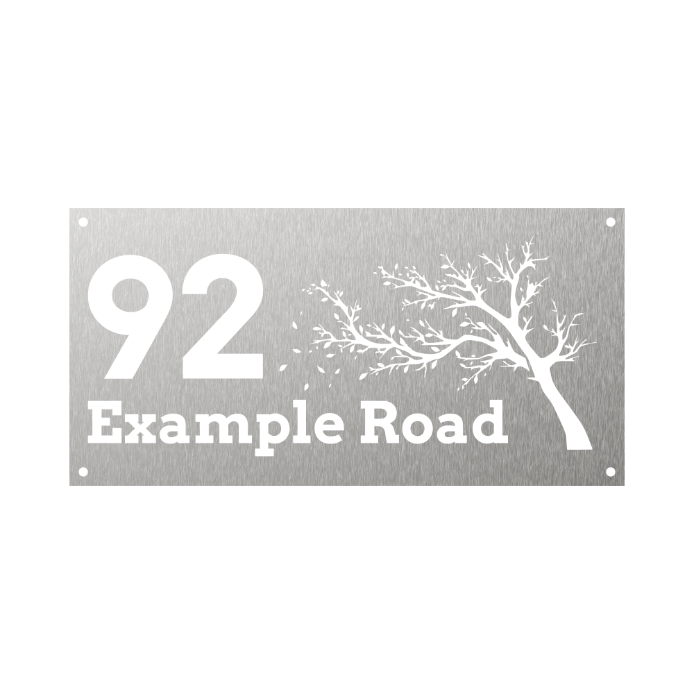 Rectangular house number with tree and leaves blowing in the wind